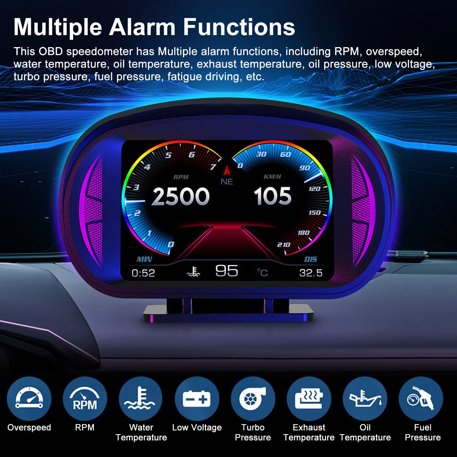 Universal P2 OBD2+GPS HUD Gauge Car Digital Head Up Display Speedometer Turbo RPM Alarm 1 Pc