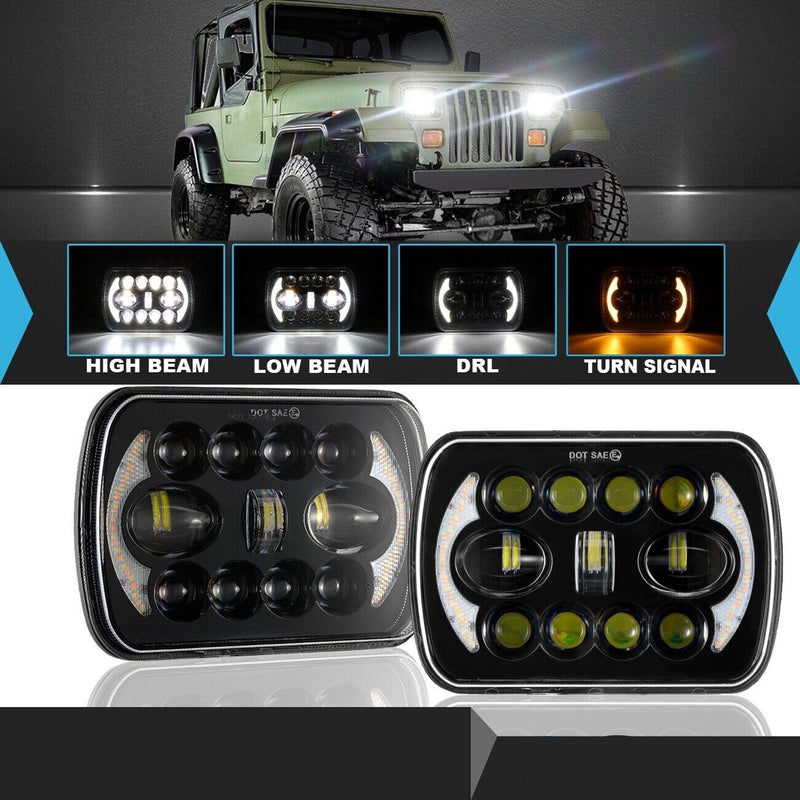 Jeep Square White Amber 5x7 Headlights Turn Signal HI/LO Beam DRL Compatible With Jeep Wrangler 2 Pc