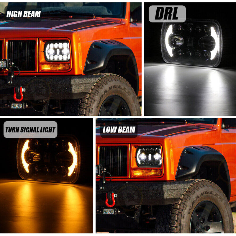 Jeep Square White Amber 5x7 Headlights Turn Signal HI/LO Beam DRL Compatible With Jeep Wrangler 2 Pc