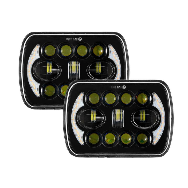 Jeep Square White Amber 5x7 Headlights Turn Signal HI/LO Beam DRL Compatible With Jeep Wrangler 2 Pc