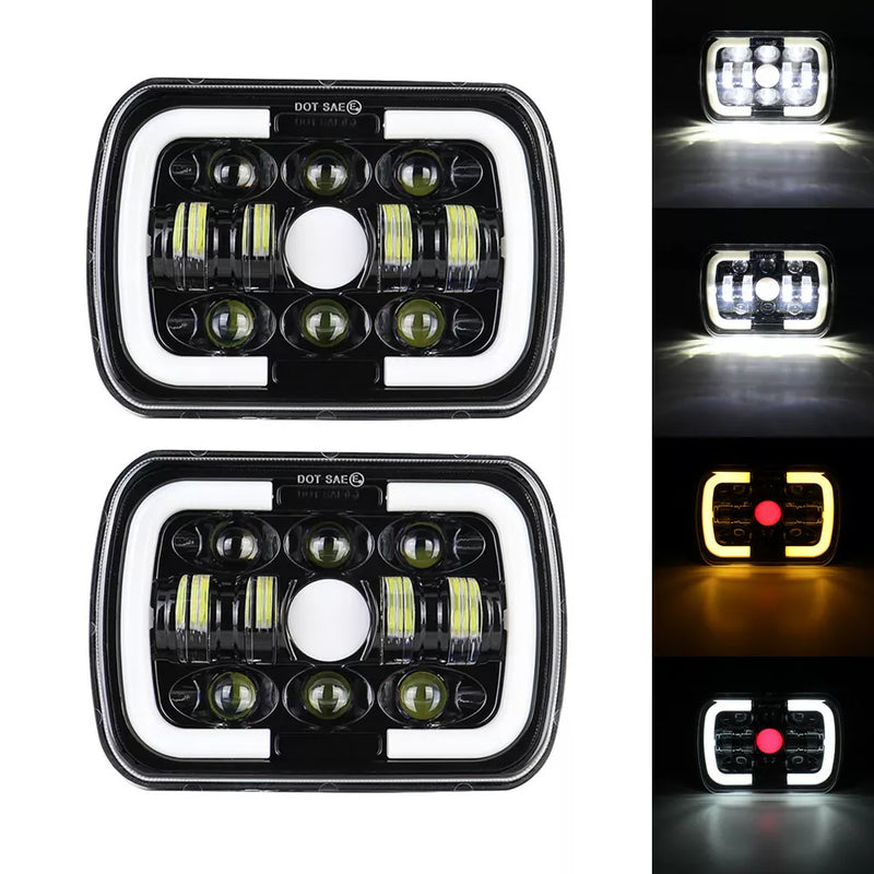 Jeep Square White Amber 5x7 Headlights Turn Signal HI/LO Beam DRL Compatible With Jeep Wrangler 2 Pc