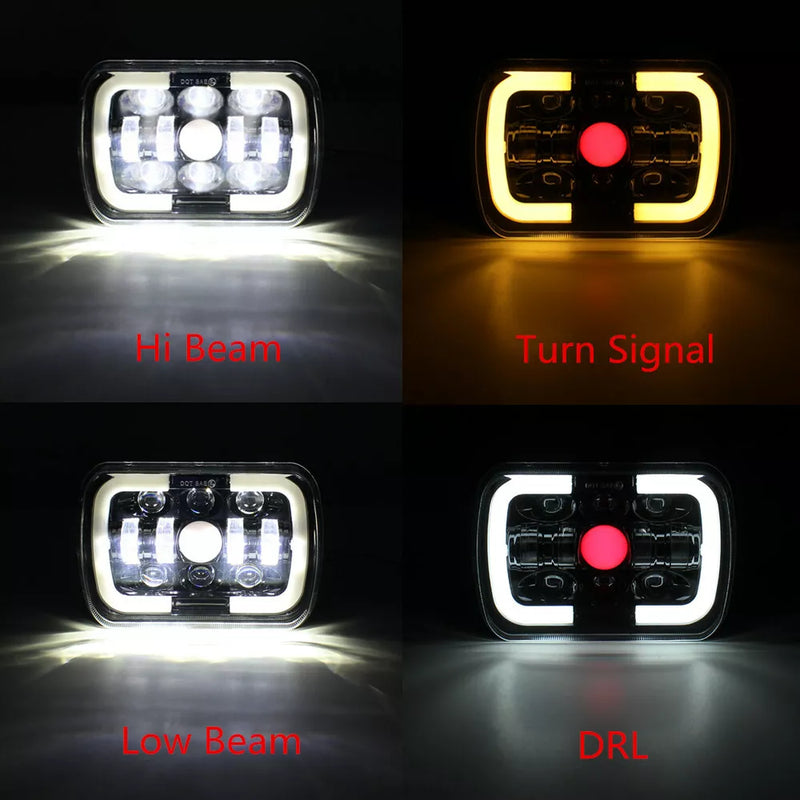 Jeep Square White Amber 5x7 Headlights Turn Signal HI/LO Beam DRL Compatible With Jeep Wrangler 2 Pc