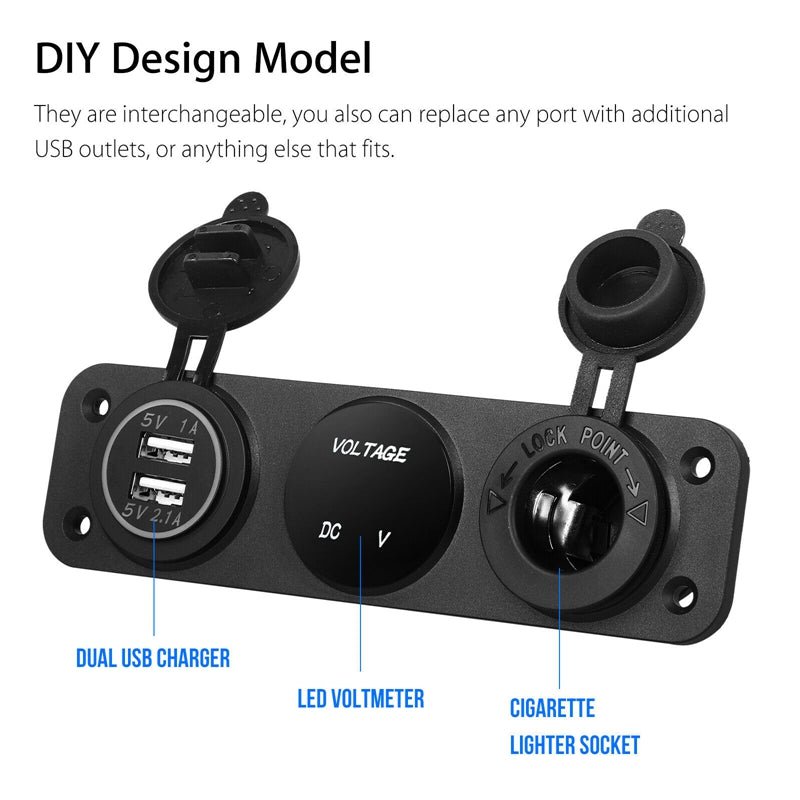 Universal 12V Dual Port USB Charger Socket Car Jeep Blue LED Voltmeter 3 Hole Panel