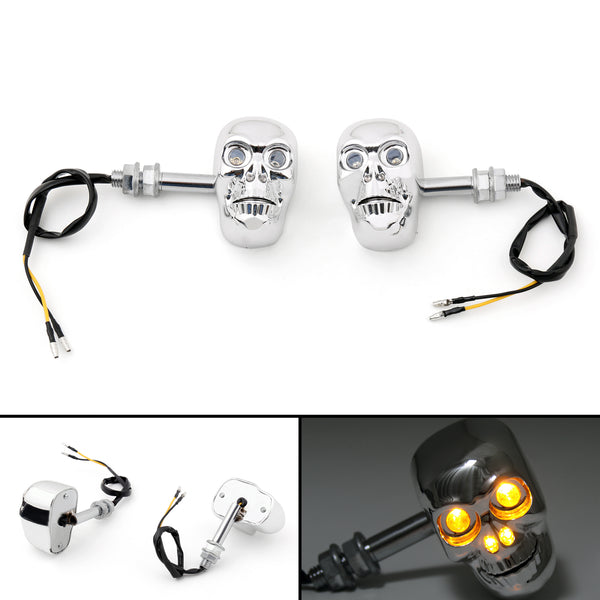 2 Pcs Motorbike Skull Style LED Turn Signal Indicators Chrome