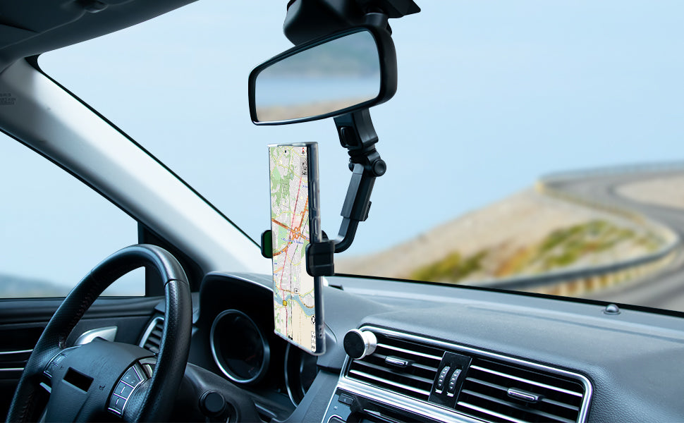 Universal Center Mirror Mobile Holder Hanging Adjustable 360 Degree Rotatable Rear View Mirror Phone Mount Compatible with 3-7.2 Inch Phones