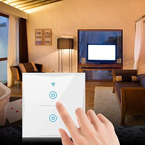 Smart Light Switch, WIFI 2-Gang Wall Wireless Tempered Glass Touch-Screen Switch