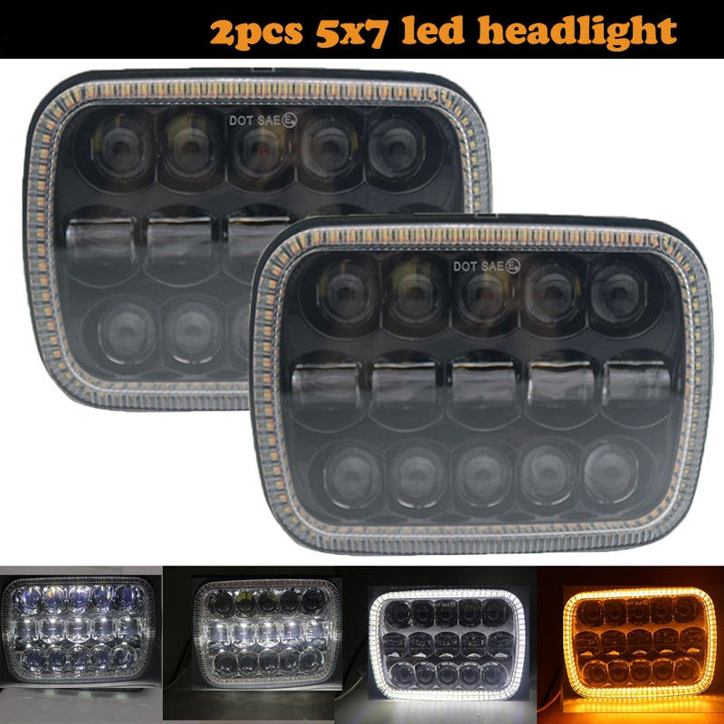 Universal Jeep Projector LED Headlight Amber Angle Eyes Square 5x7 Sealed Beam With DRL Hi-Low 2 Pcs Set