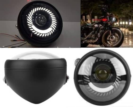 6.5 Inch LED Motorcycle Projector Headlight Cafe Racer Style Drl Fan Shape Black