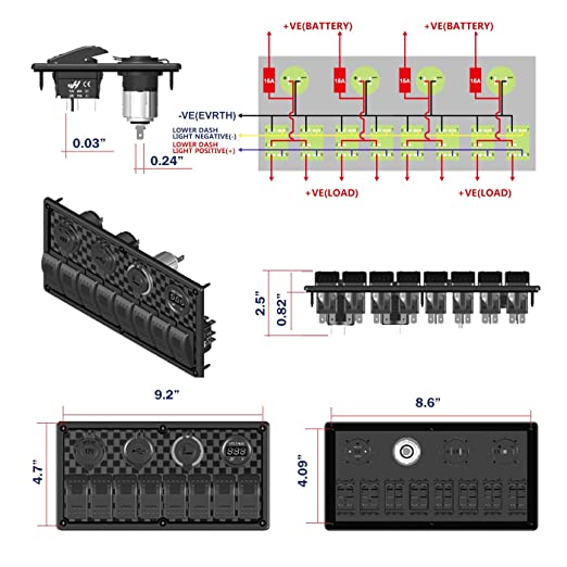 Universal Switch Panel Waterproof with Digital Voltage Display, Dual USB Ports, Power Socket DC, Cigarette Lighter Plug, Fuse and Blue Light