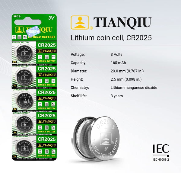 TIANQIU CR2025 Lithium Cell Button Battery