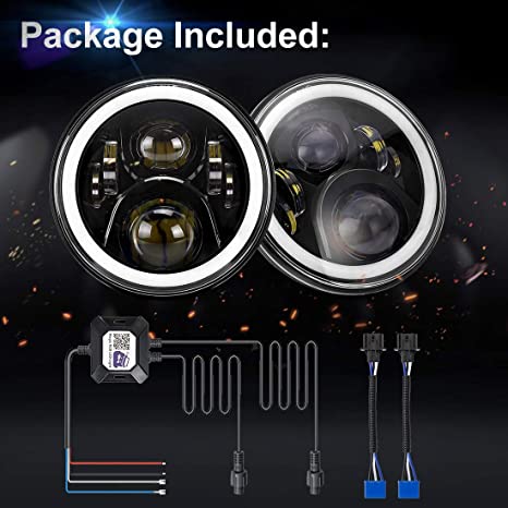 Jeep Headlight 7 Inch with Full DRL Ring With Mobile Operated Round 2 Pcs Set