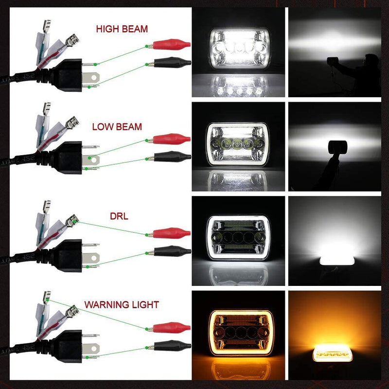 Universal Jeep Projector LED Headlight Angle Eyes Square 5x7 Sealed Beam With DRL Hi-Low 2 Pcs Set