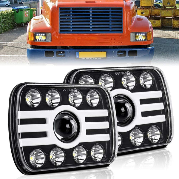 Universal LED Jeep Headlight Angel Eye DRL 5x7 Square Sealed Beam Hi-Low 2 Pcs Set