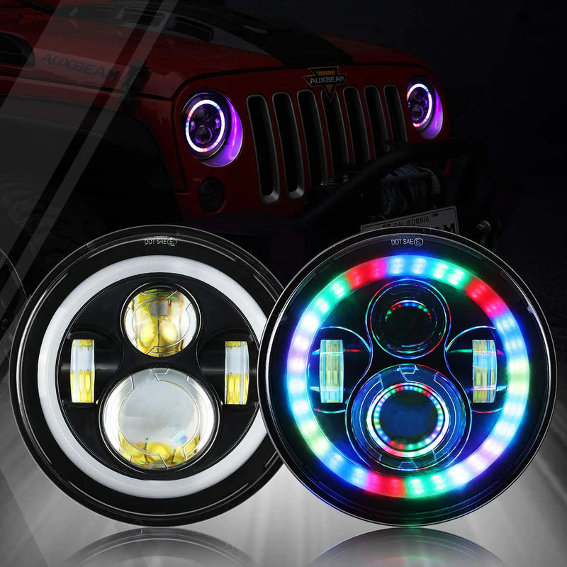 Jeep Headlight 7 Inch with Full DRL Ring With Mobile Operated Round 2 Pcs Set