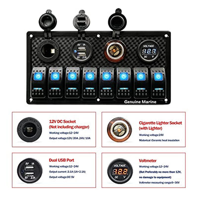 Universal Switch Panel Waterproof with Digital Voltage Display, Dual USB Ports, Power Socket DC, Cigarette Lighter Plug, Fuse and Blue Light