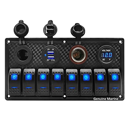 Universal Switch Panel Waterproof with Digital Voltage Display, Dual USB Ports, Power Socket DC, Cigarette Lighter Plug, Fuse and Blue Light