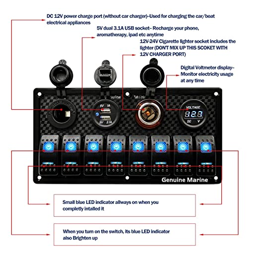 Universal Switch Panel Waterproof with Digital Voltage Display, Dual USB Ports, Power Socket DC, Cigarette Lighter Plug, Fuse and Blue Light