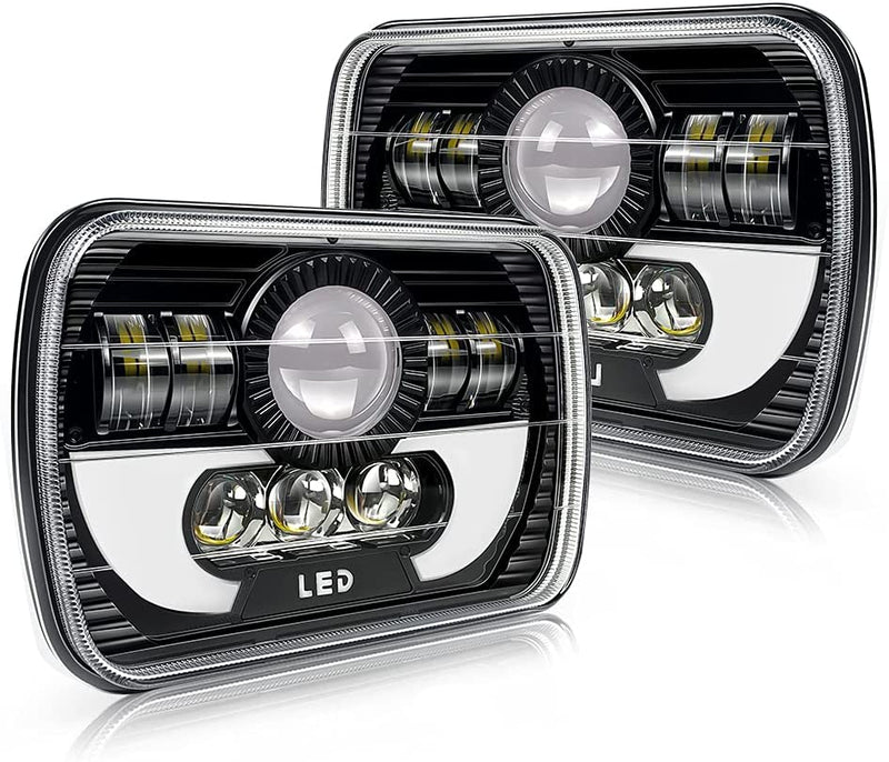 Universal Jeep LED Headlight Projector Rectangular Style 5x7 Square Sealed Beam With DRL Hi/Low 2 Pc