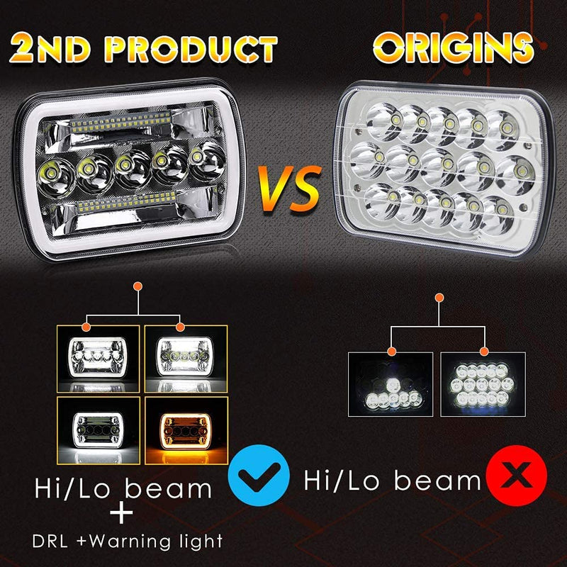 Universal Jeep Projector LED Headlight Angle Eyes Square 5x7 Sealed Beam With DRL Hi-Low 2 Pcs Set