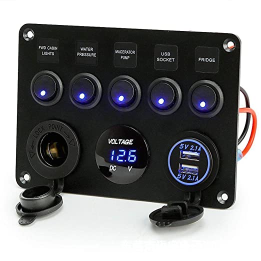 Universal Switch Panel Dual USB Socket Charger 4.2A + LED Voltmeter + 12V Power Outlet + 5 Gang ON-Off Switch