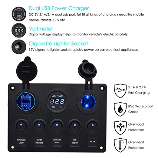 Universal Switch Panel Dual USB Socket Charger 4.2A + LED Voltmeter + 12V Power Outlet + 5 Gang ON-Off Switch