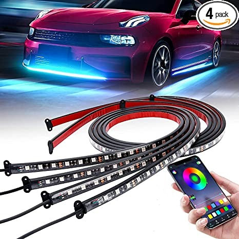Universal Car Under glow Lights, Smart Exterior Car Light Strip Kit, Waterproof Under Glow Kit For Car With APP & RF Remote Control