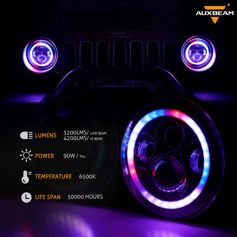 Jeep Headlight 7 Inch with Full DRL Ring With Mobile Operated Round 2 Pcs Set