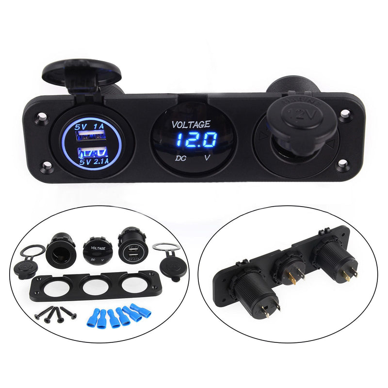 Universal 12V Dual Port USB Charger Socket Car Jeep Blue LED Voltmeter 3 Hole Panel