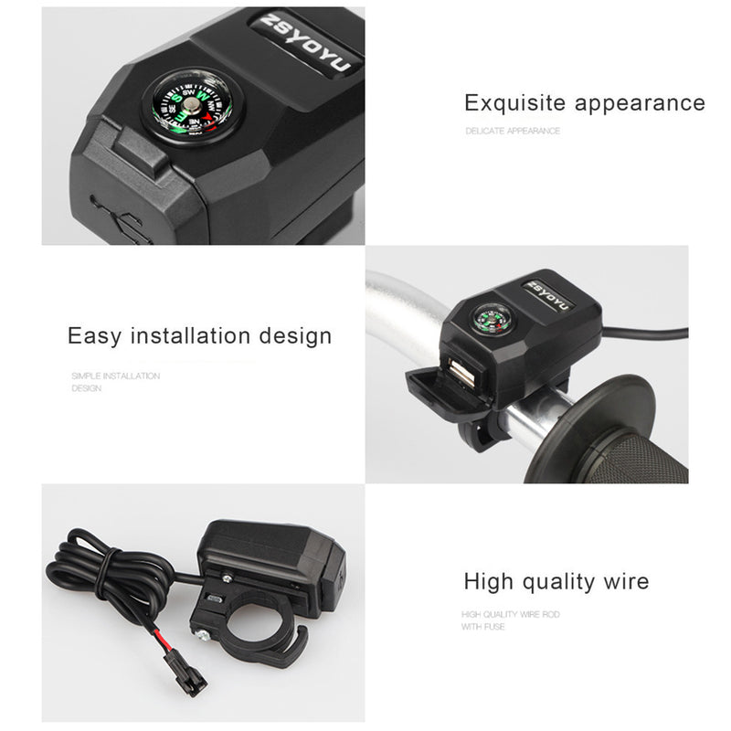 Universal Motorcycle Handlebar Mount Waterproof USB Charger 36-108V 5V/3.1A with Compass for Mobile Phones