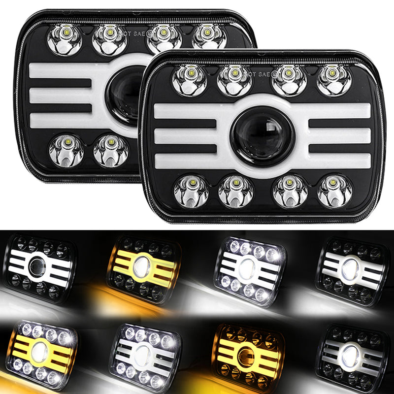Universal LED Jeep Headlight Angel Eye DRL 5x7 Square Sealed Beam Hi-Low 2 Pcs Set