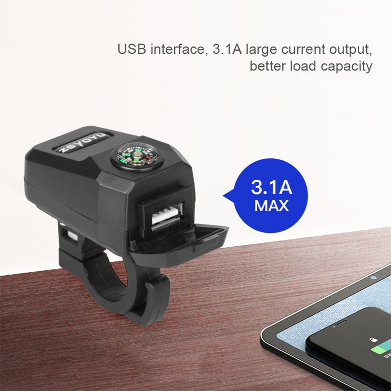 Universal Motorcycle Handlebar Mount Waterproof USB Charger 36-108V 5V/3.1A with Compass for Mobile Phones