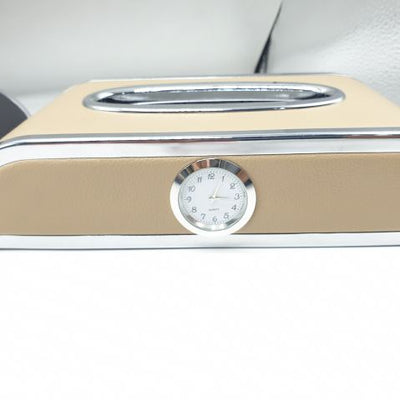 Car Dashboard Tissue Box With Clock Luxury PU Leather Box beige