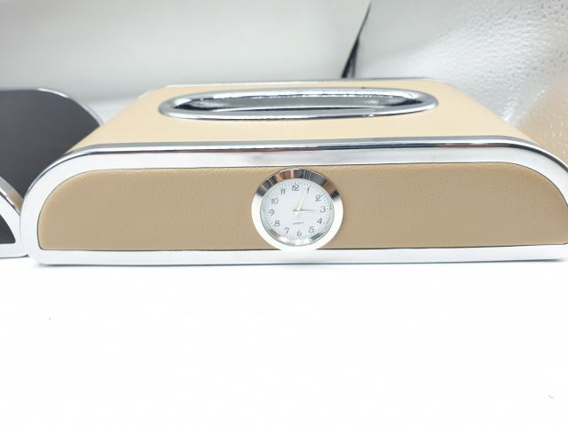 Car Dashboard Tissue Box With Clock Luxury PU Leather Box beige