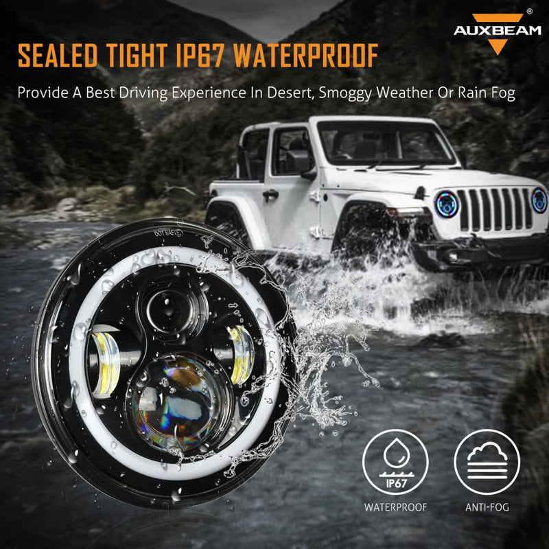 Jeep Headlight 7 Inch with Full DRL Ring With Mobile Operated Round 2 Pcs Set