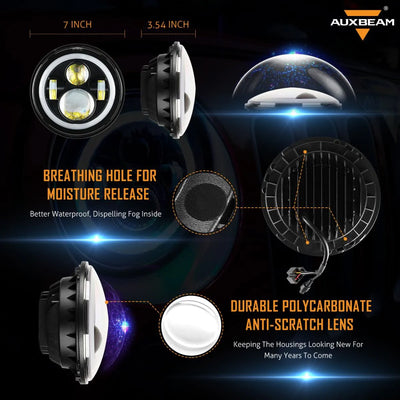 Jeep Headlight 7 Inch with Full DRL Ring With Mobile Operated Round 2 Pcs Set