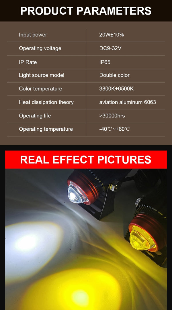 MOTO Mini Lens Double Color LED-Headlight for Motorcycles and Cars Fog Light 2 Pcs Set