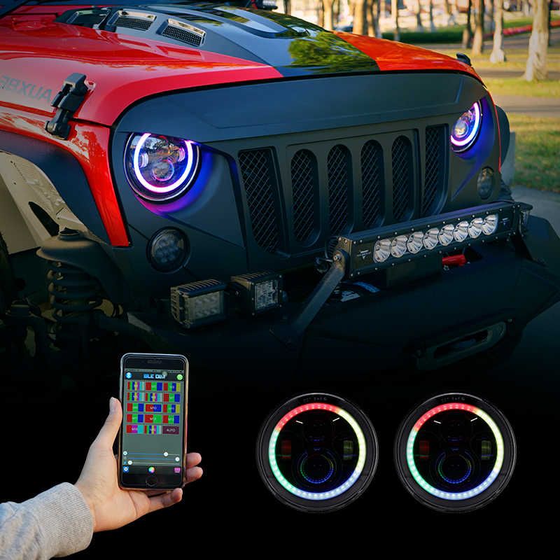 Jeep Headlight 7 Inch with Full DRL Ring With Mobile Operated Round 2 Pcs Set