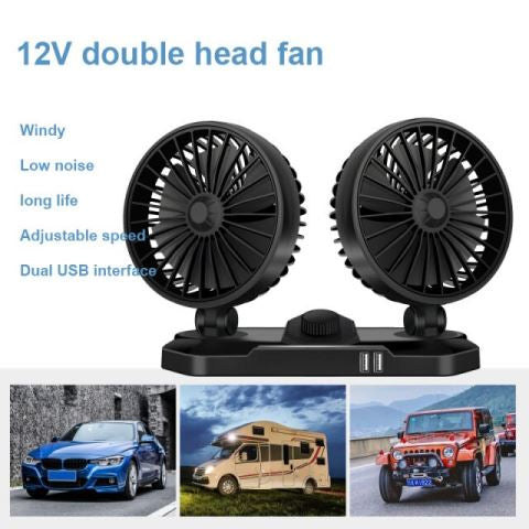 Universal 360 Degree Super Flexible Car Double Head Fan 12V-24V Dual With USB Charger